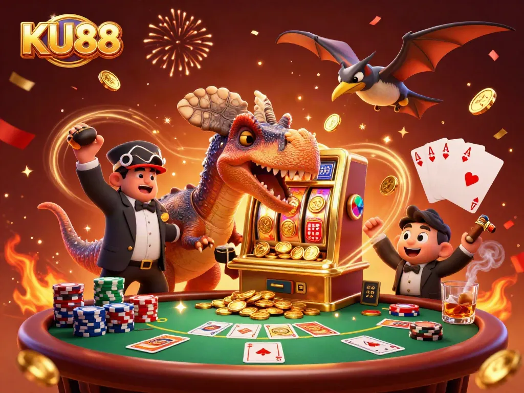 KU88 slot machine explosion with cartoon dinosaurs celebrating jackpot winnings in vibrant casino scene.