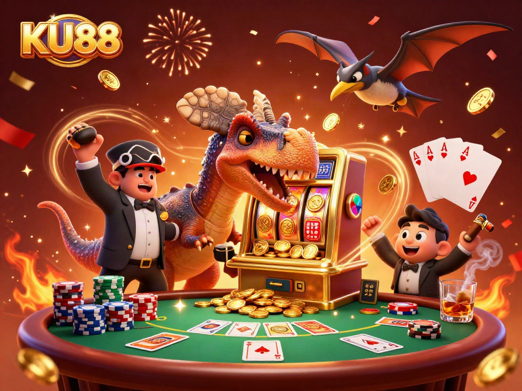KU88 slot machine explosion with cartoon dinosaurs celebrating jackpot winnings in vibrant casino scene.