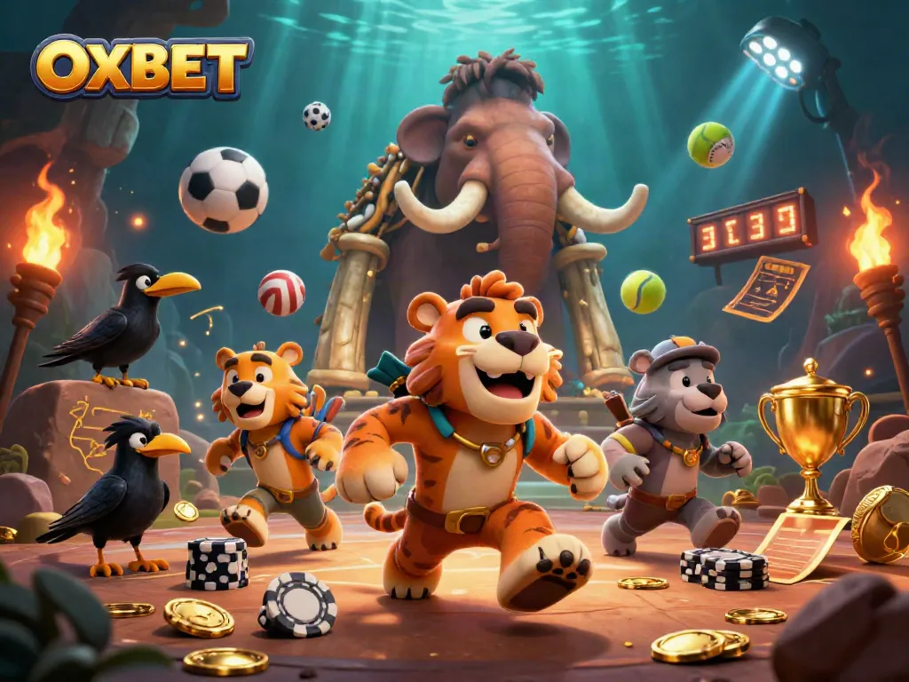 Play exciting games with OXBET at a prehistoric casino surrounded by vibrant sports elements.