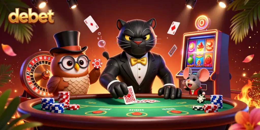Experience thrilling poker sessions with debet in this vibrant casino scene featuring cartoon characters.