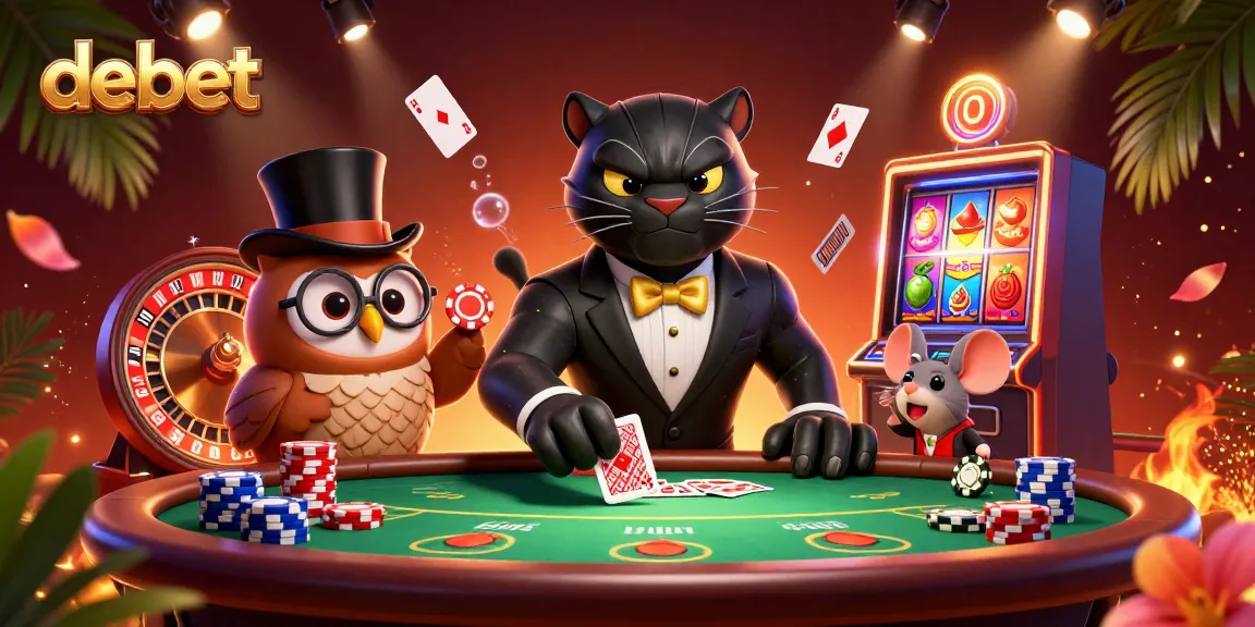 Experience thrilling poker sessions with debet in this vibrant casino scene featuring cartoon characters.