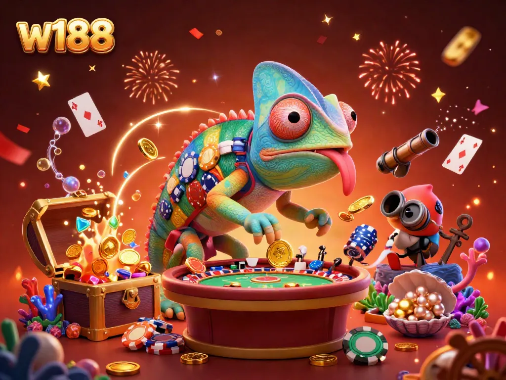 Engaging scene of the w188 chameleon casino owner capturing coins in a vibrant casino environment