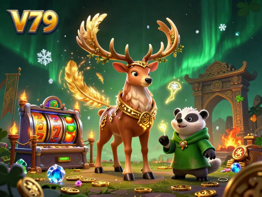 Experience thrilling gaming action at V79 with an enchanting Celtic druid and wise badger amidst dynamic slot reels and golden treasures.