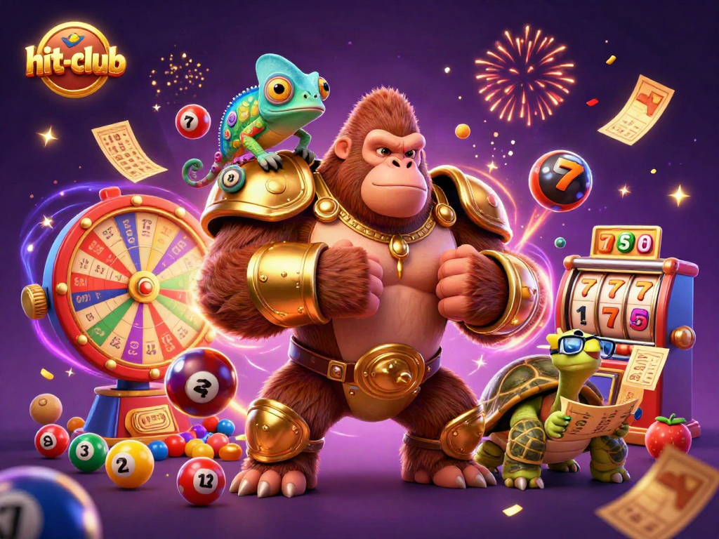 Engage in gaming excitement at hit-club with vibrant casino elements and dynamic characters.
