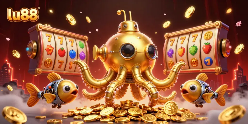 Engage in thrilling gameplay at lu88 with a vibrant scene featuring a golden kraken submarine, rich treasure, and casino elements.