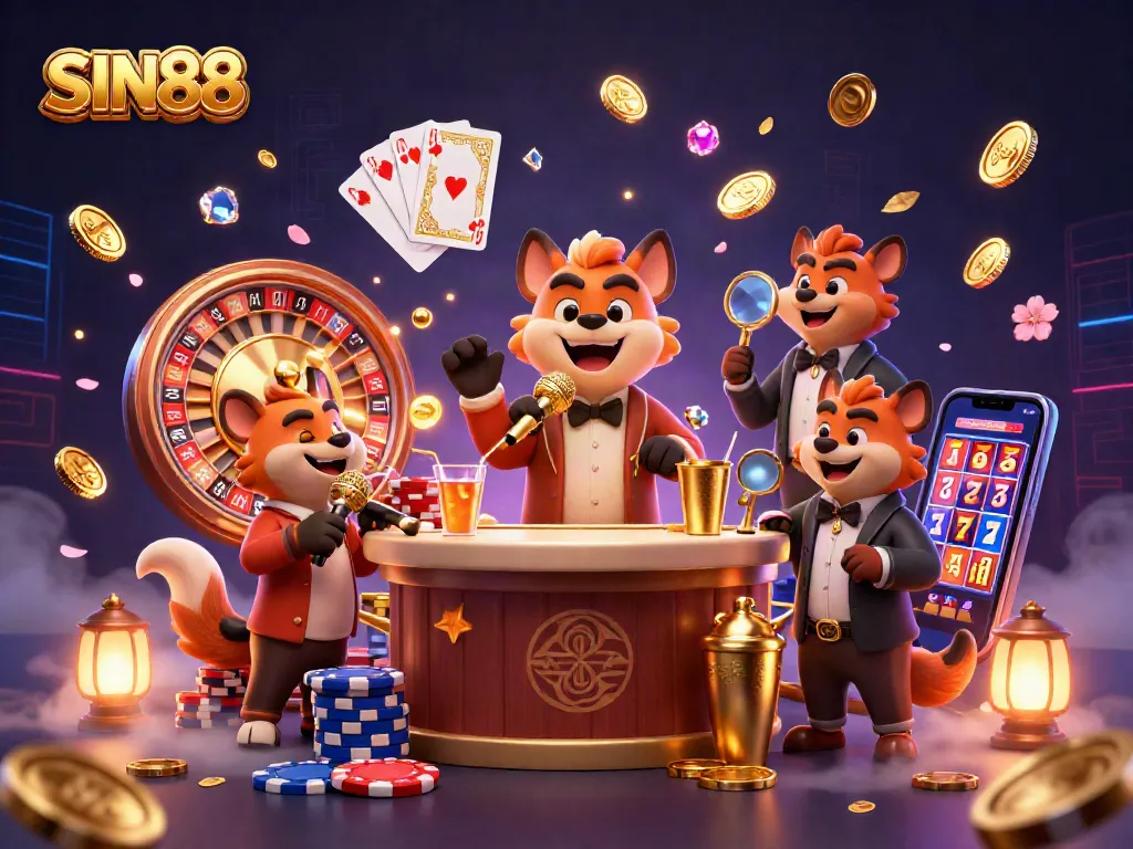 SIN88 hyenas comedy casino scene with dynamic gambling elements and vibrant visuals