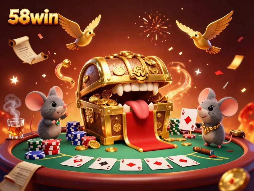 Experience the thrill of 58win with a vibrant casino scene featuring treasure chests, poker chips, and excitement.