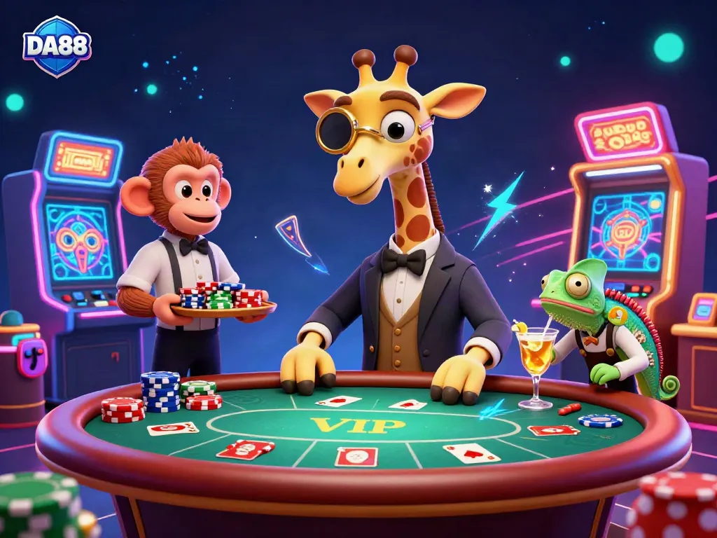 Engage with DA88's thrilling gaming experience featuring a high-roller giraffe at a bustling poker table with vibrant casino elements.