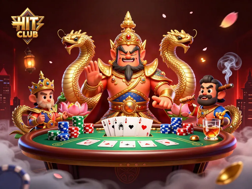 Experience the thrilling gameplay of HITCLUB with an energetic 3D casino scene featuring ornate characters and vibrant gaming elements.