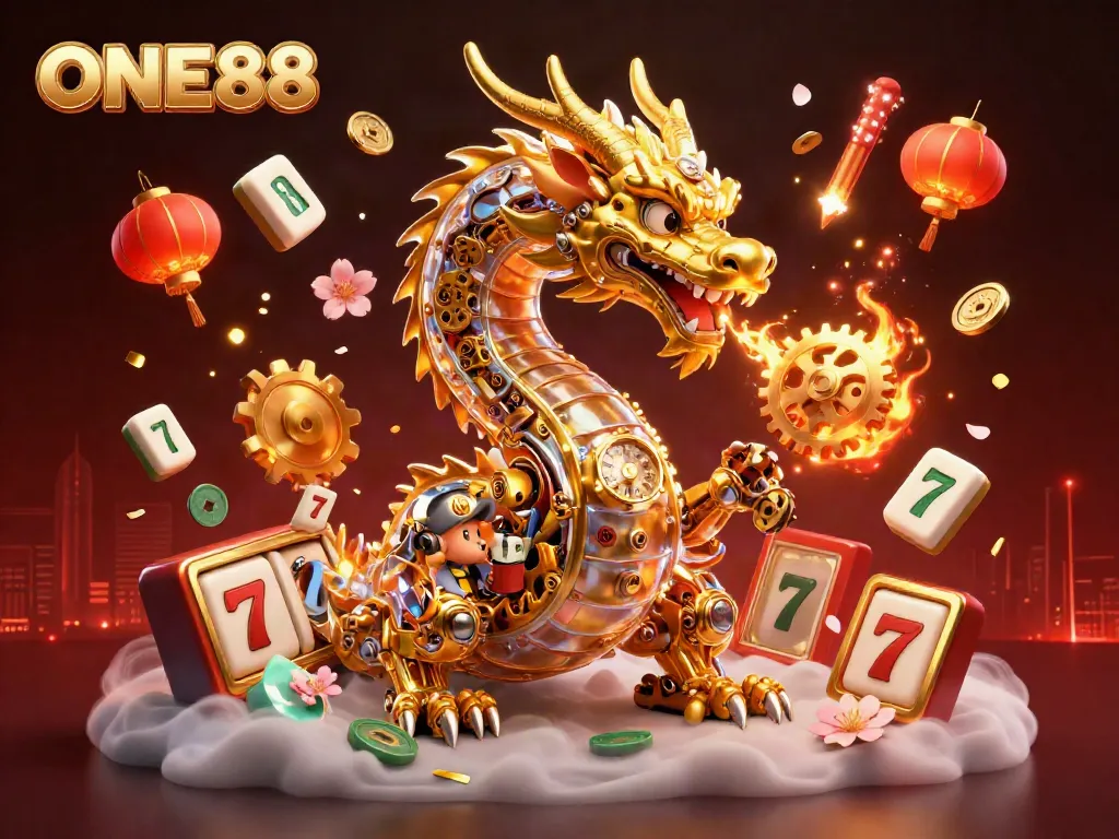 Engage in thrilling gaming with ONE88, featuring a golden dragon alongside dynamic slots and festive elements.