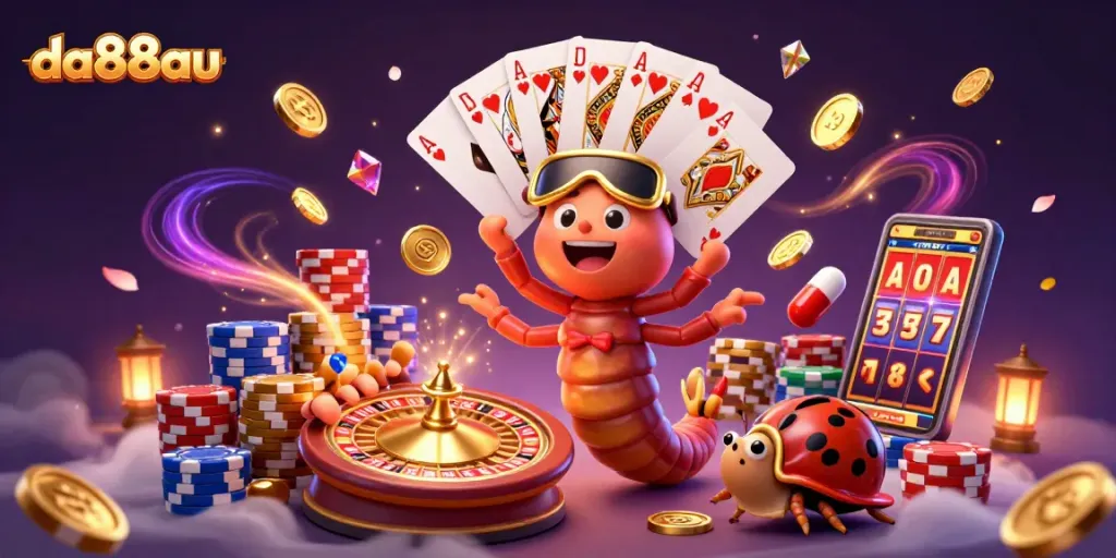 Experience thrilling gameplay with da88au through a vibrant 3D casino scene featuring lively characters and dynamic games.