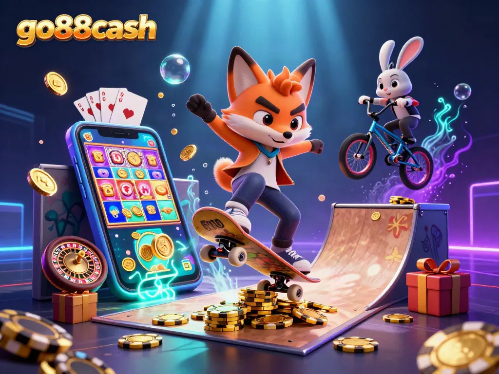 Engage in action with go88cash as characters perform exciting stunts around casino elements.