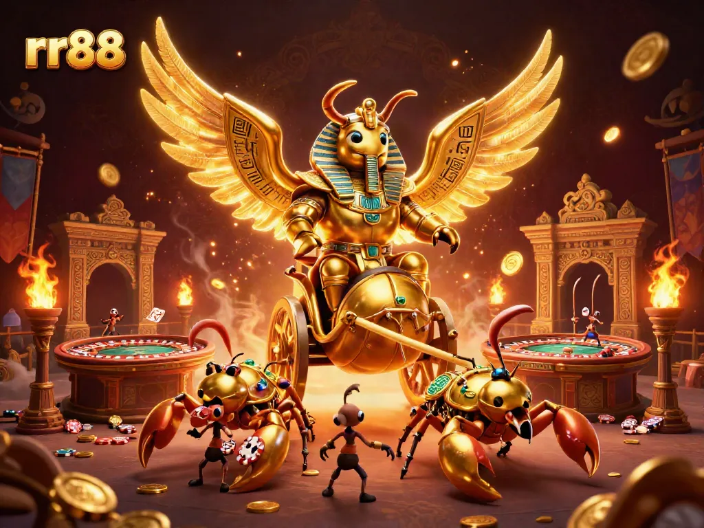 Experience the thrill of rr88 as a mythical scarab beetle rides a chariot in a dynamic casino environment.