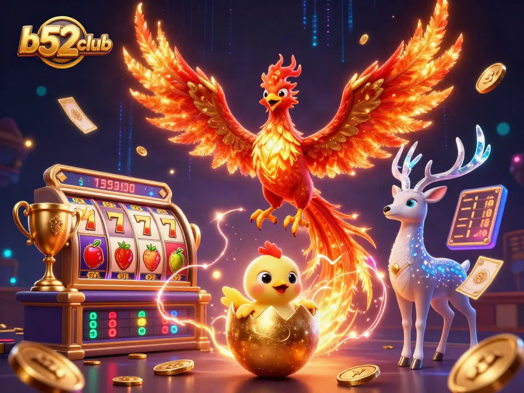 Engage with b52club's vibrant casino action in a dazzling 3D illustration featuring phoenixes and dynamic slot elements.