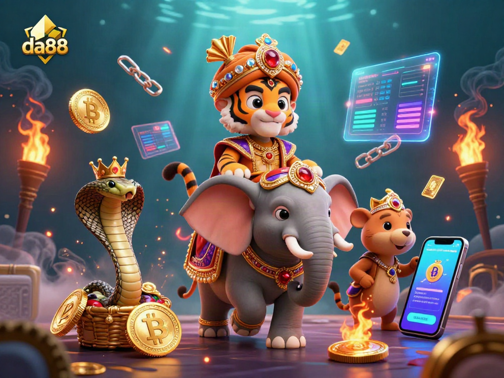 Join the excitement of da88 with a dazzling scene featuring an elephant and tiger in a vibrant casino atmosphere.