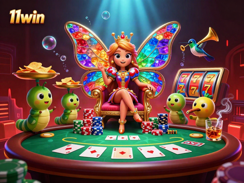 Experience the thrill of 11win at a vibrant poker table surrounded by enchanting characters.