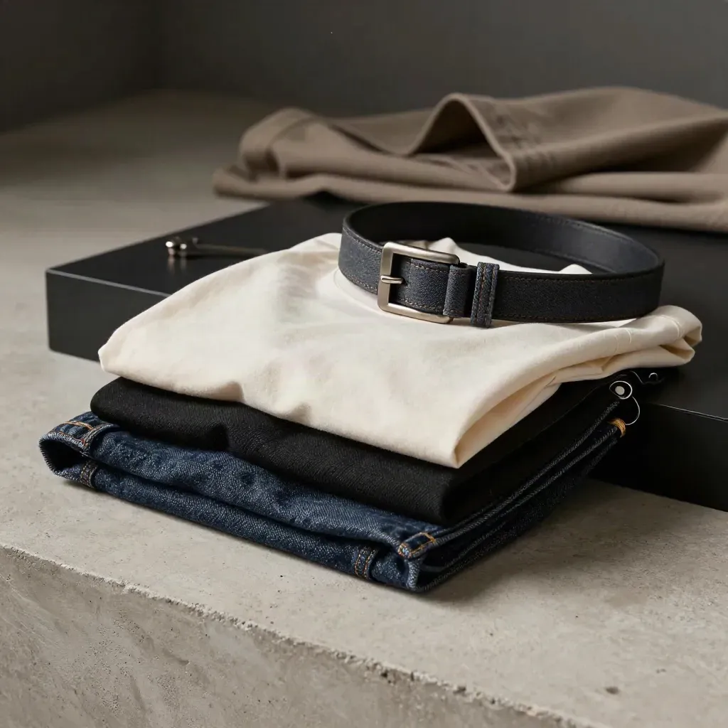 Two stacked jeans with a tee and belt on pale concrete, lit dramatically in a dark studio.