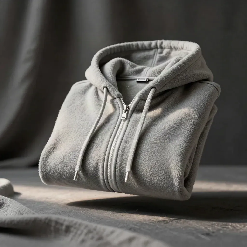 Ash grey zip hoodie in a dramatic macro studio setup with soft light and dark backdrop