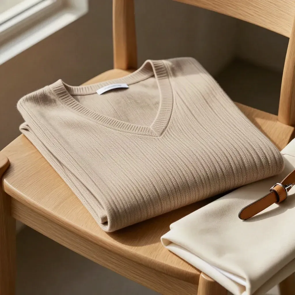 Oatmeal rib knit V-neck top draped on a pale oak chair with a belt and folded skirt.