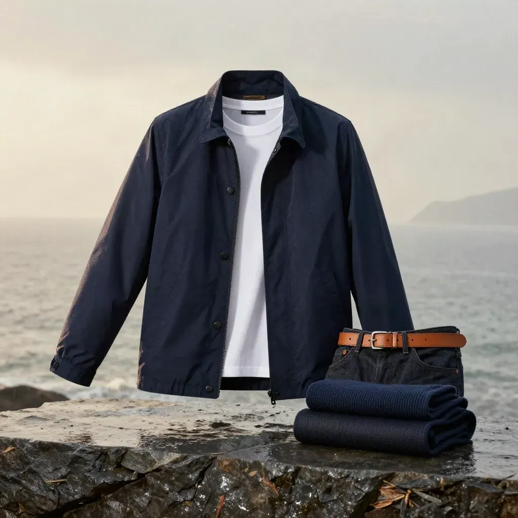 Navy Harrington jacket with tee, jeans, belt and knit on wet stone in soft coastal morning haze.