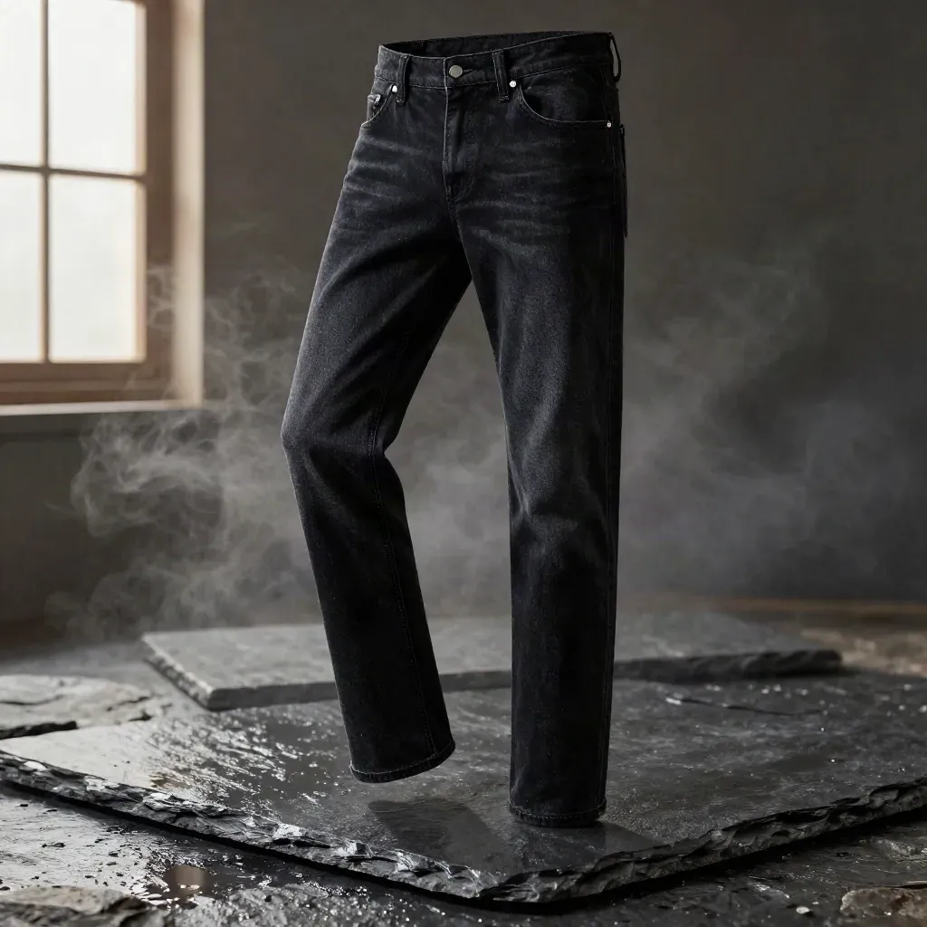 Close macro of black jeans on wet slate, showing seams, hem and denim texture.