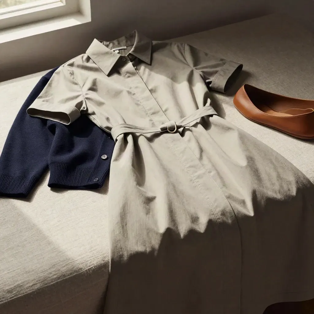 Stone midi shirt dress on a linen bench with a navy cardigan and leather flat.
