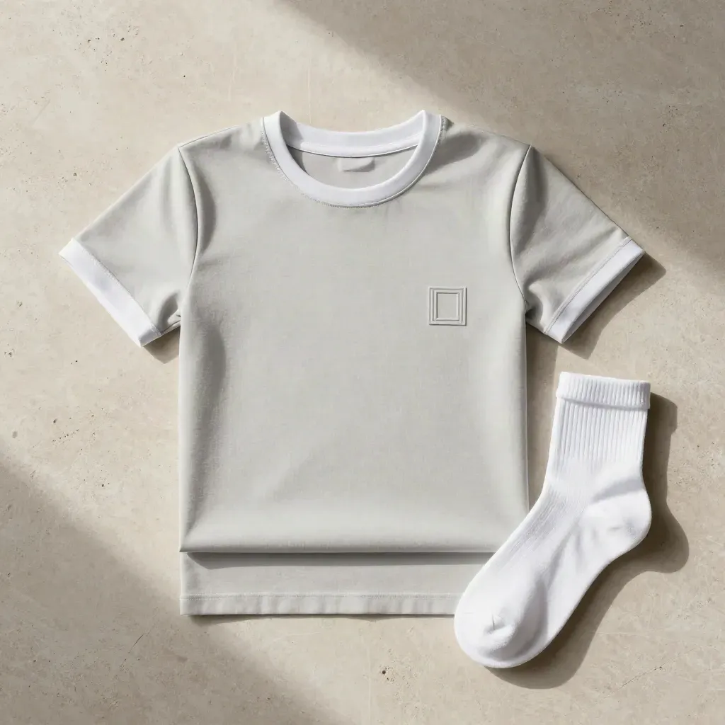 Overhead flatlay of a folded stone tee with white cotton basics on pale limestone.