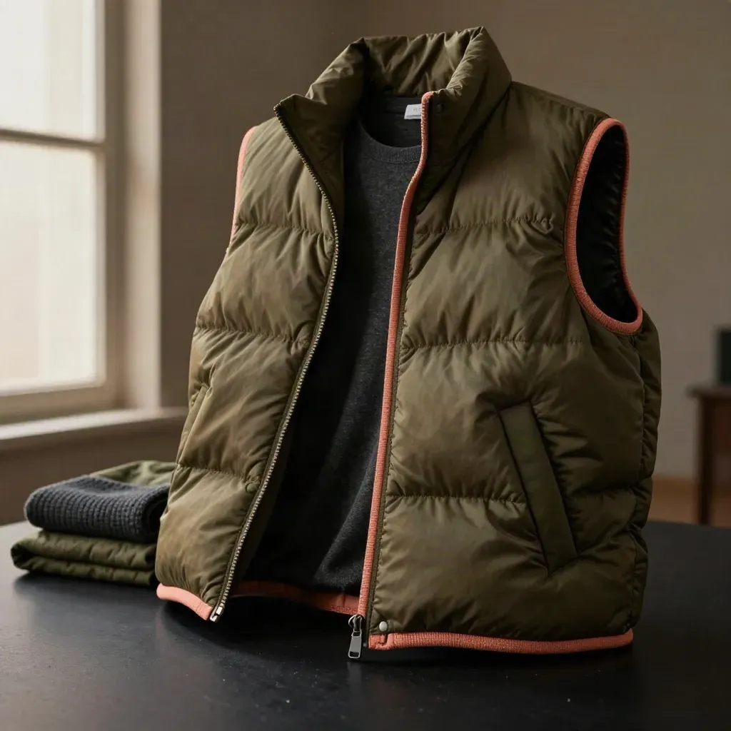 Olive padded gilet swelled by a light gust, lit with cool rim light on a matte-black studio surface.