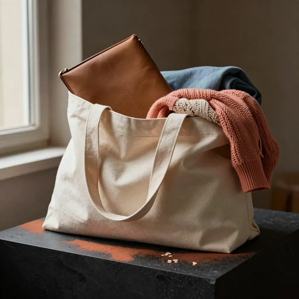 Canvas tote bag with folded knit and casual layers on a dark studio plinth, lit dramatically.