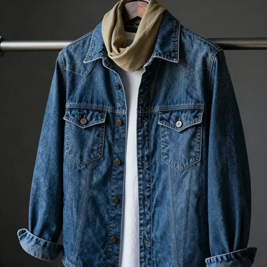 Indigo denim overshirt on rail with tee and scarf, close on seams and collar.