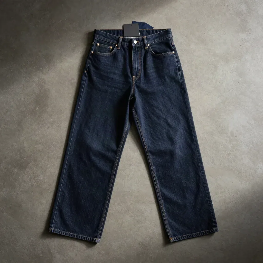 Overhead flatlay of dark rinse wide leg jeans on concrete with a charcoal card