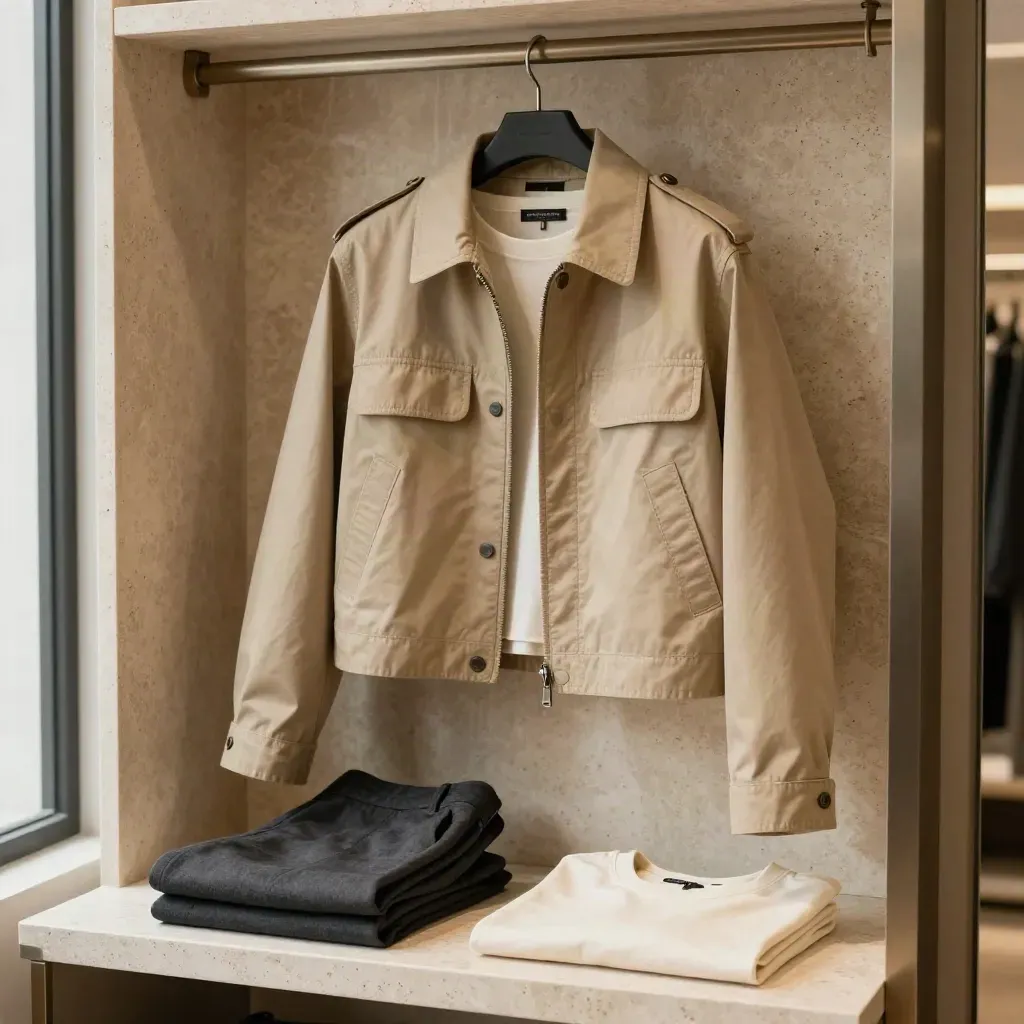 Sand utility jacket with trousers and tee in a soft boutique setting