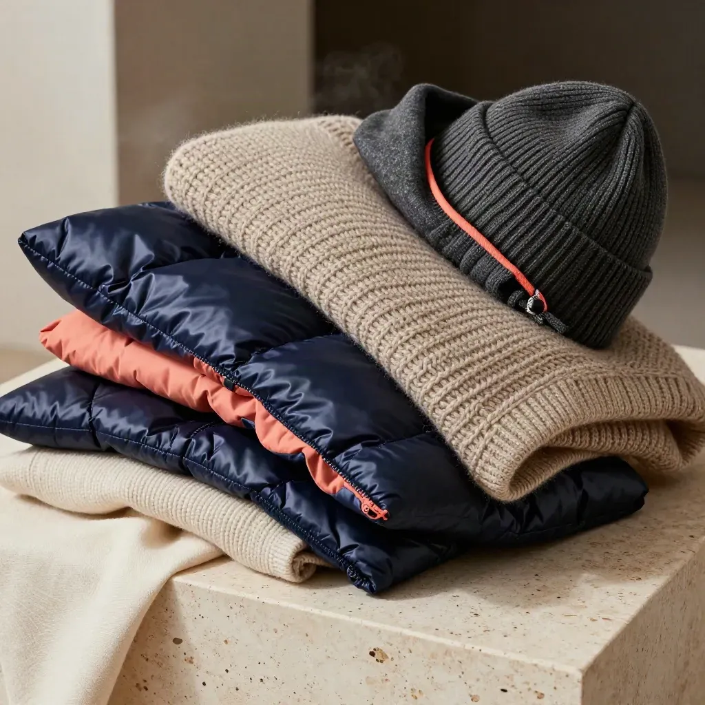 Stacked winter layers: puffer jacket, knit, hoodie and beanie on travertine.