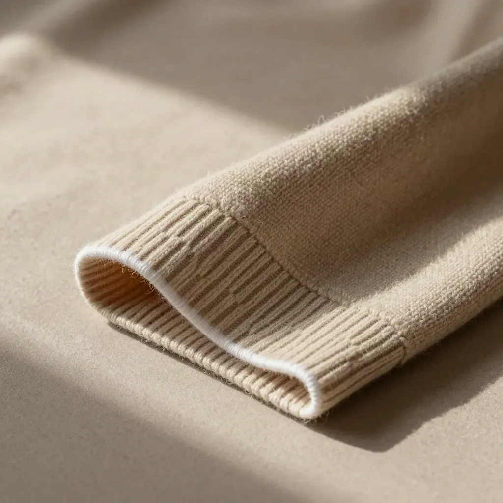 Macro oatmeal wool crew neck knit with ribbed texture and a crisp white accent.