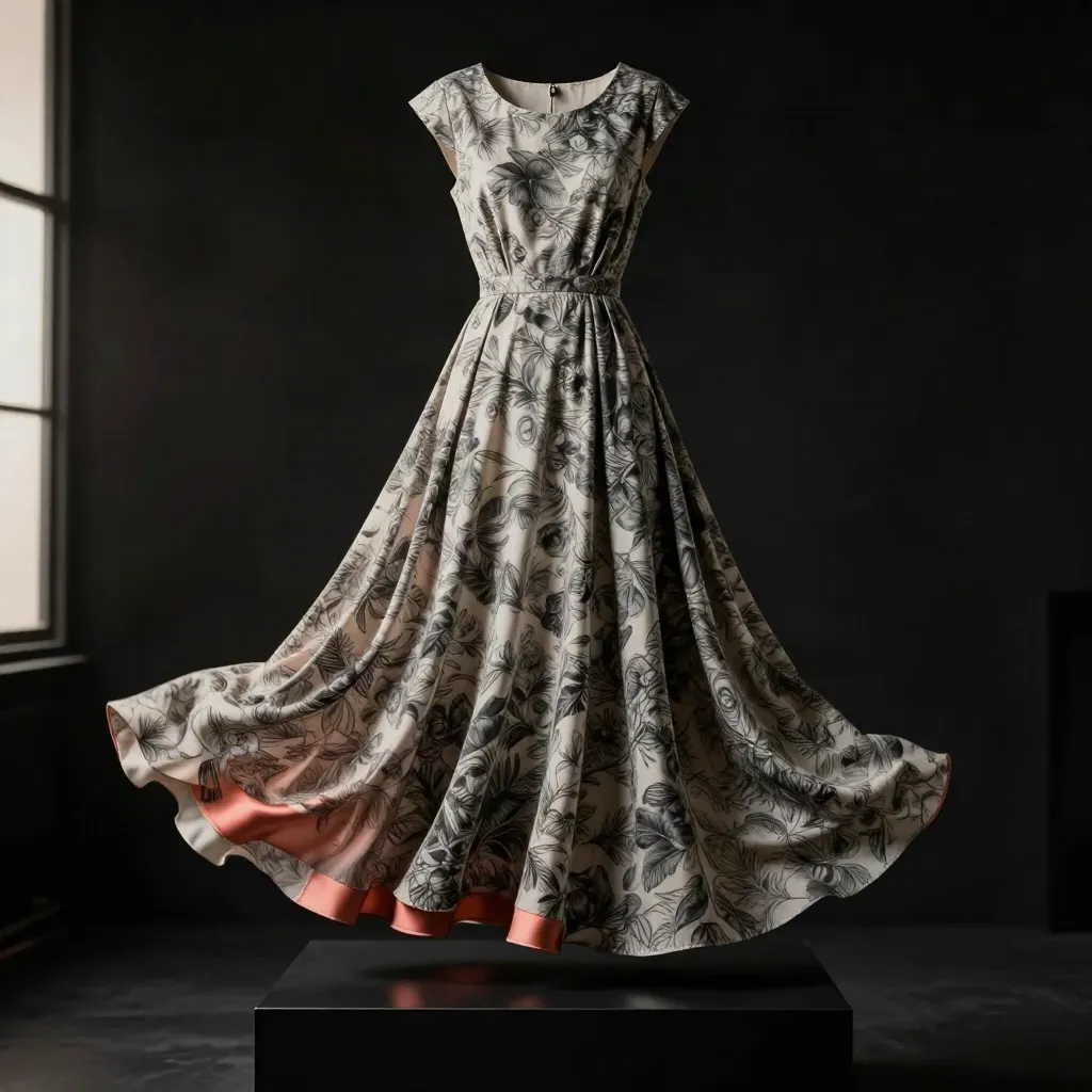 Dark studio shot of a printed midi dress sweeping diagonally across a matte-black surface.