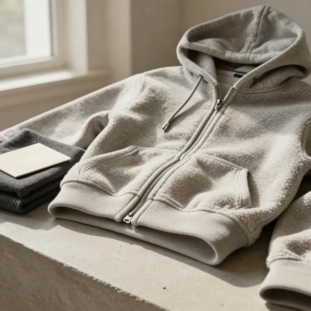 Heather grey fleece zip hoodie in a diagonal studio hero shot with soft linen and charcoal props.