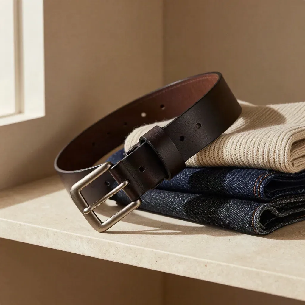 Belt looping over folded denim and a knit on a limestone shelf, with soft daylight.
