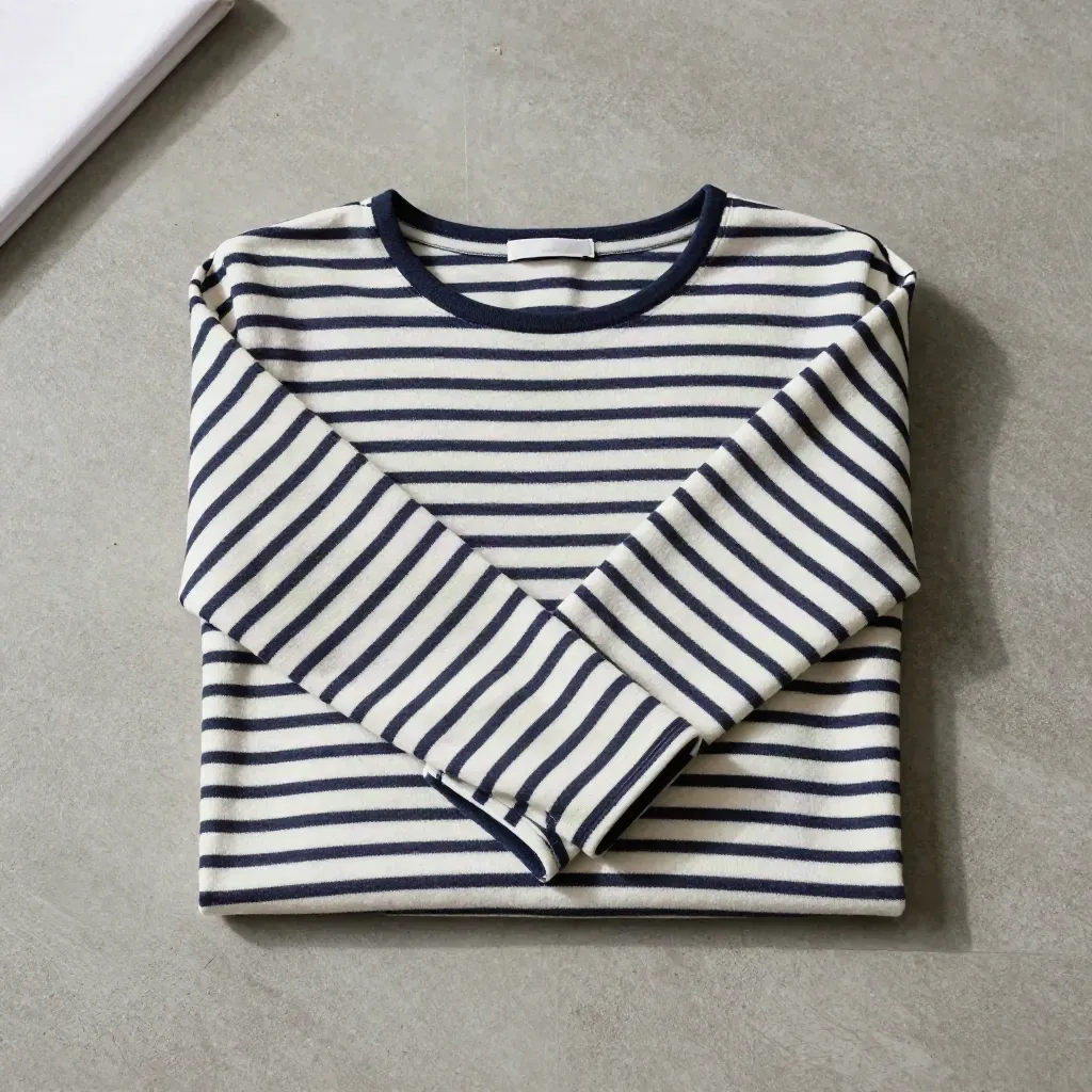 Folded striped long sleeve top on cool concrete, overhead flatlay