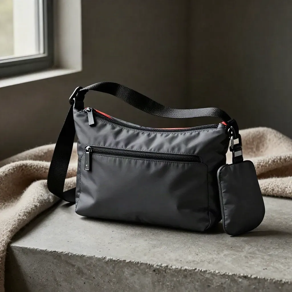 Charcoal sling bag macro with curved zip, strap arc, and coral lining on a dark haze background.