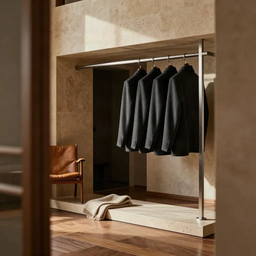 Sunlit stone foyer with a steel coat rail, leather chair, and shadowed doorway for jackets.