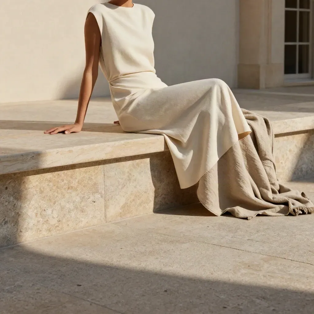 Cream dress draped on an oak bench beside sunlit limestone, with quiet copy space below.