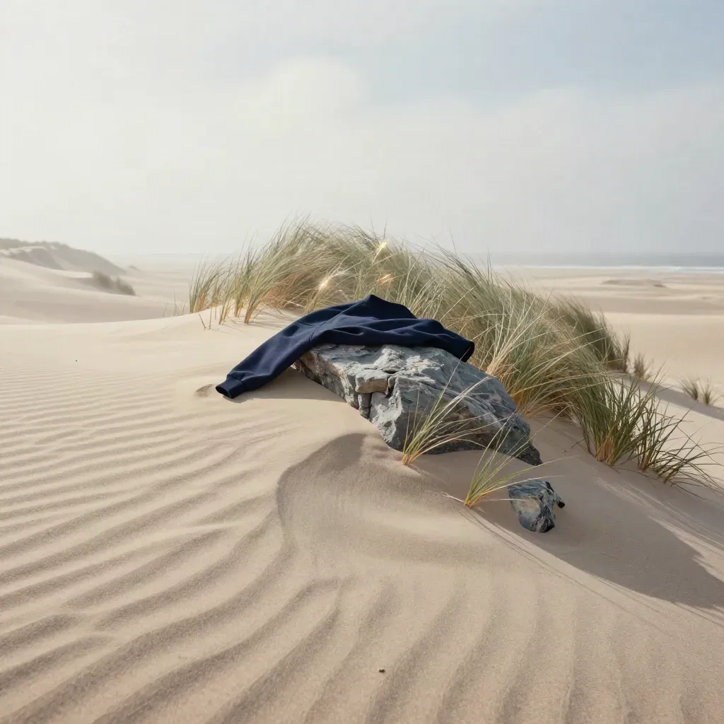 Windy dune ridge with a folded navy sweatshirt and sea grass under bright misty sky
