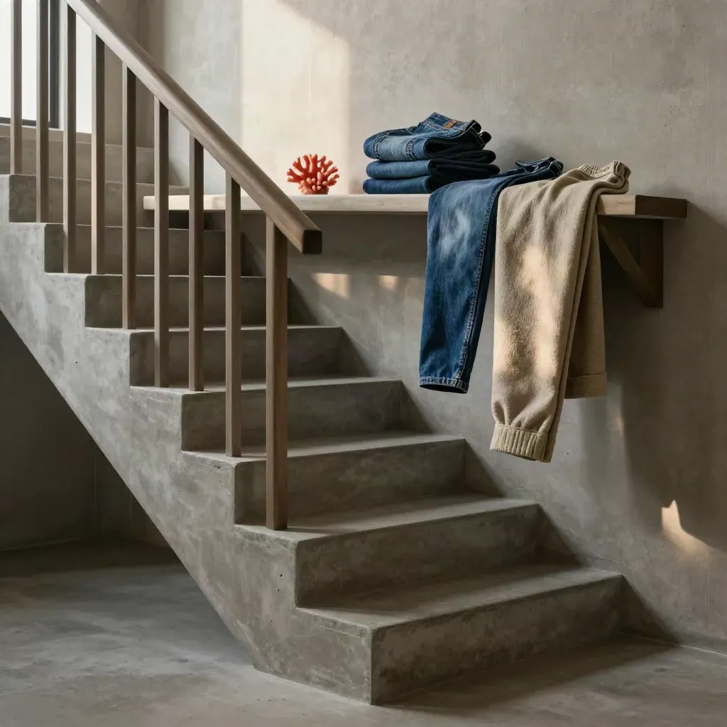 Concrete stairwell with folded jeans and trousers on a bench in soft morning light