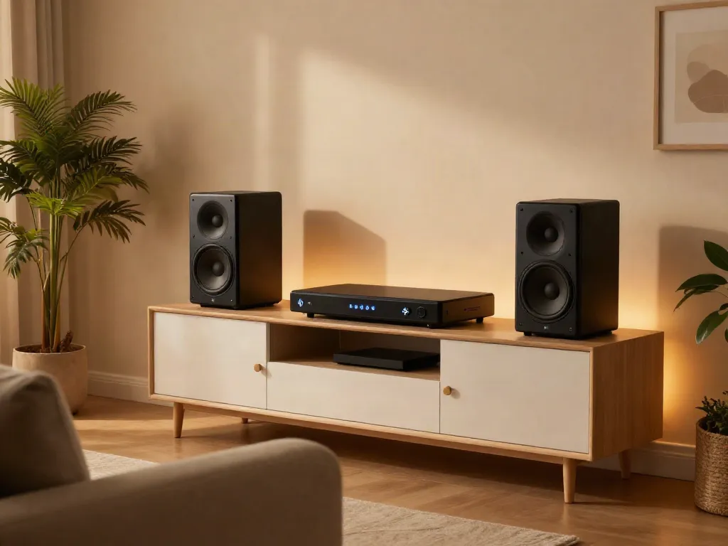 Vision Speaker Price in bangladesh showcased in a stylish living room with a Bluetooth sound system, highlighting modern design.