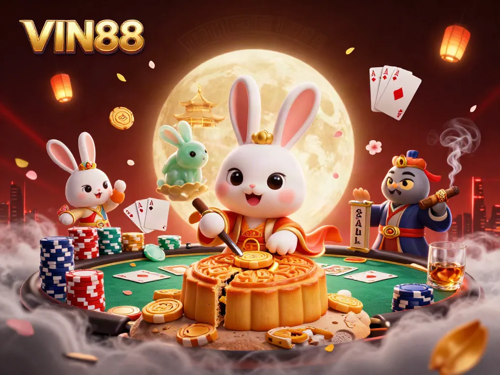 Engage with VIN88 as the cartoon moon rabbit reveals poker chips, enhancing your gaming experience.