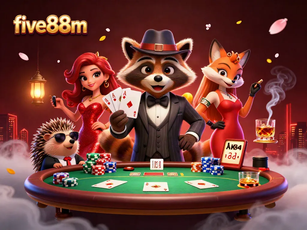 Experience thrilling gameplay in five88m with a raccoon holding a royal flush at a vibrant poker scene.