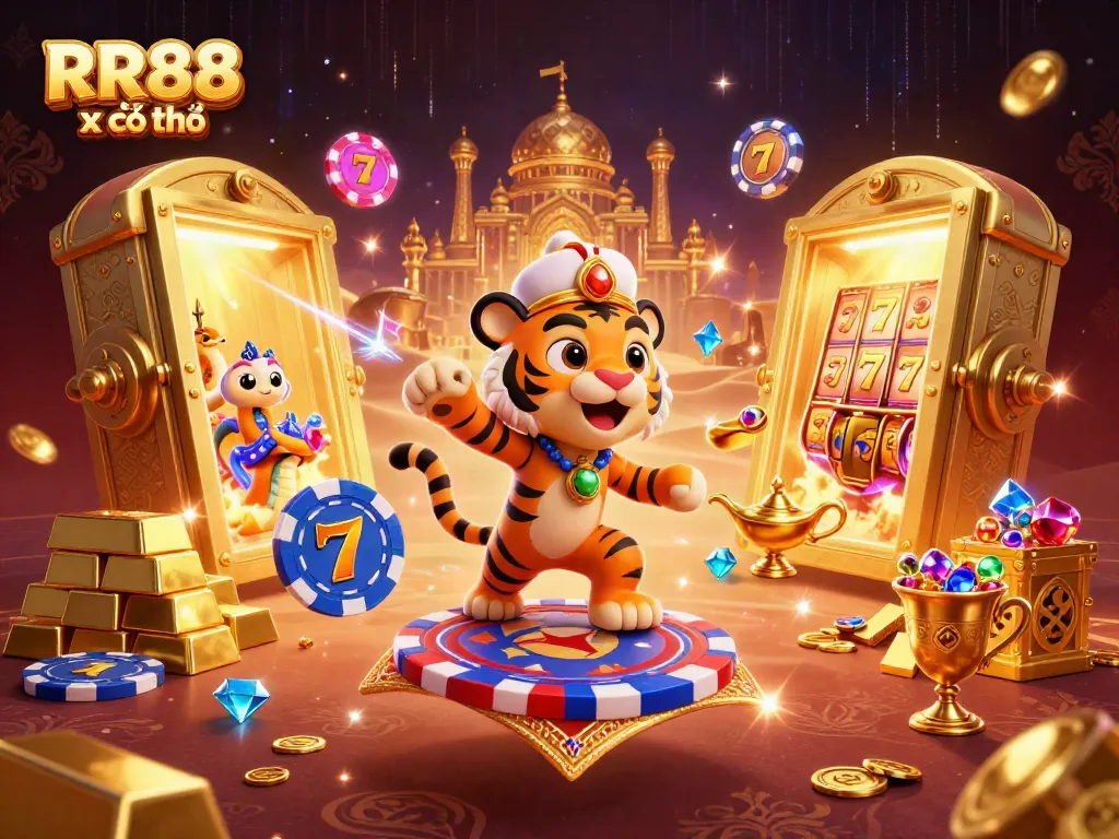 Engaging RR88 xổ số scene showcasing a vibrant illustration with a tiger sultan and treasures.
