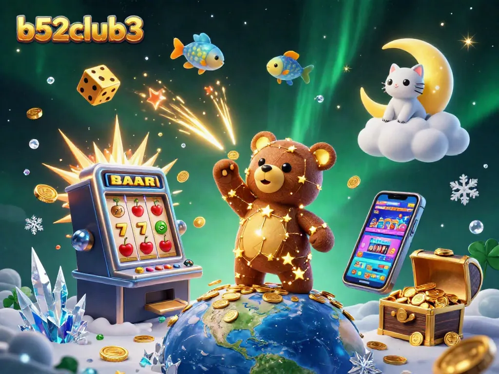 Experience the excitement at b52club3 with celestial characters and casino elements celebrating jackpots!