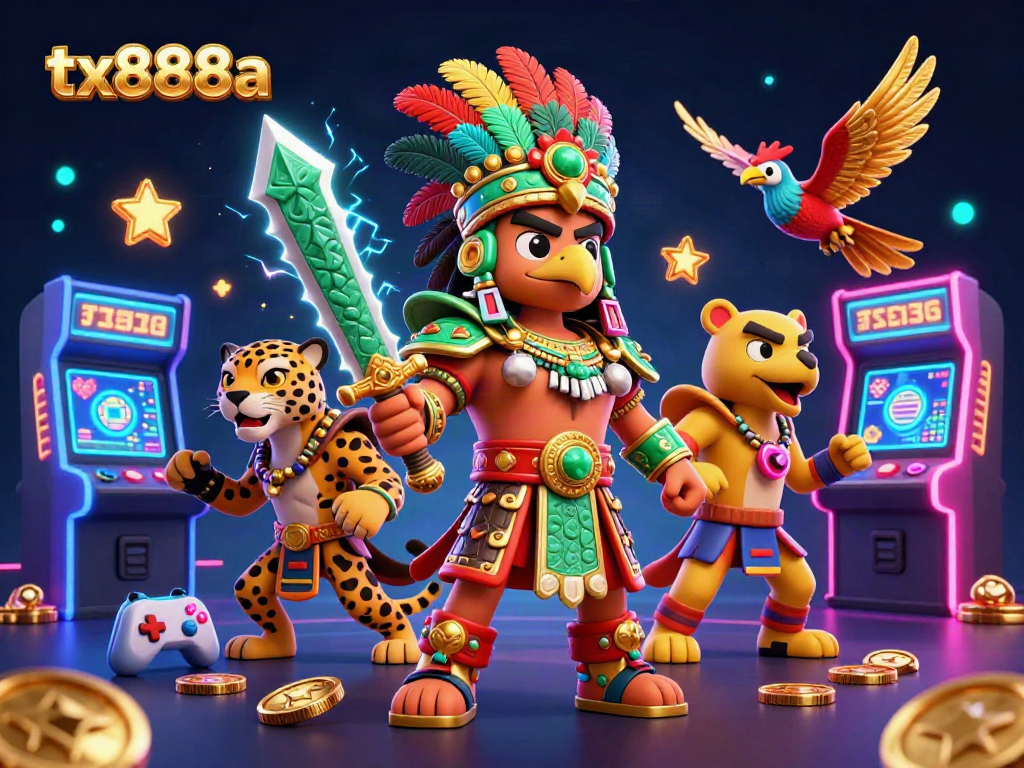 Engage with tx888a in a vibrant scene of Aztec warriors and gaming elements, experiencing thrilling casino action.