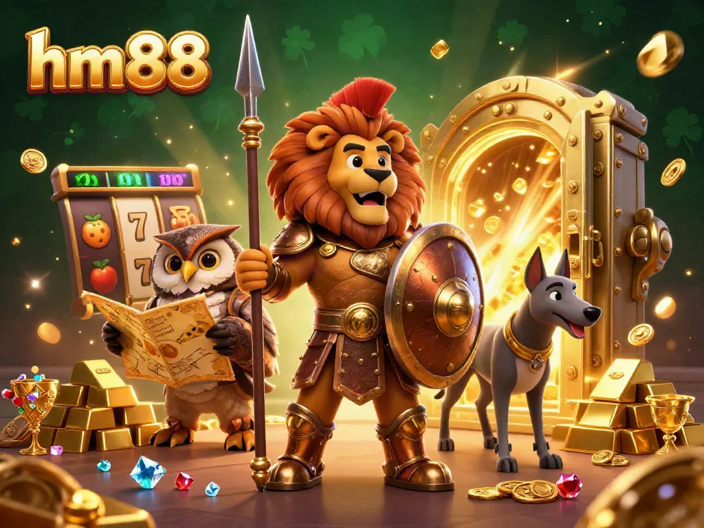 Experience thrilling action at hm88 with a Spartan lion, tactical owl, and swift greyhound amid dazzling casino elements.